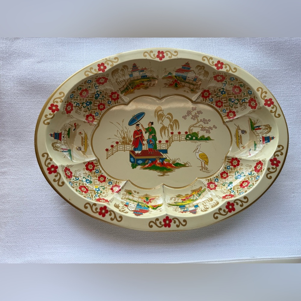 Vtg 1970s Daher Decorated Ware Oval Tin Bowl Chinoiserie Asian Crane England